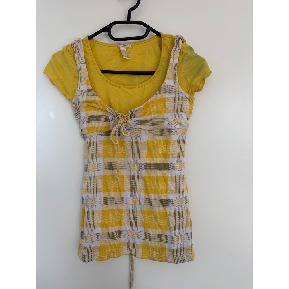 Ambiance Apparel Vintage Y2K Milkmaid Babydoll Plaid Layered Top Yellow‎ Small